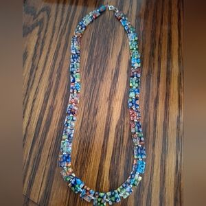 Necklace Millefiori Floral Square Vintage Beads 20" Sterling Silver